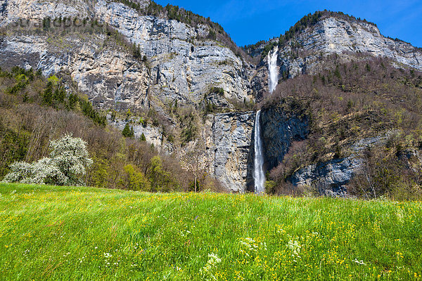 Felsbrocken Europa Steilküste Wasserfall Wiese Schweiz