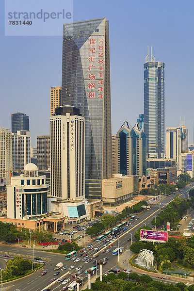 Einkaufszentrum  Skyline  Skylines  überqueren  Gebäude  Straße  Großstadt  Fernverkehrsstraße  Architektur  groß  großes  großer  große  großen  China  Asien  Innenstadt  neu  Shenzhen