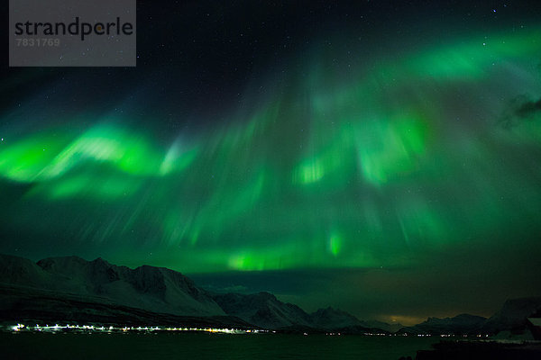 Farbaufnahme  Farbe  Wasser  Europa  Winter  Nacht  Beleuchtung  Licht  Himmel  grün  Meer  Figur  Norwegen  Polarlicht  Naturerscheinung  Sehenswürdigkeit  Arktis  Fjord  Skandinavien