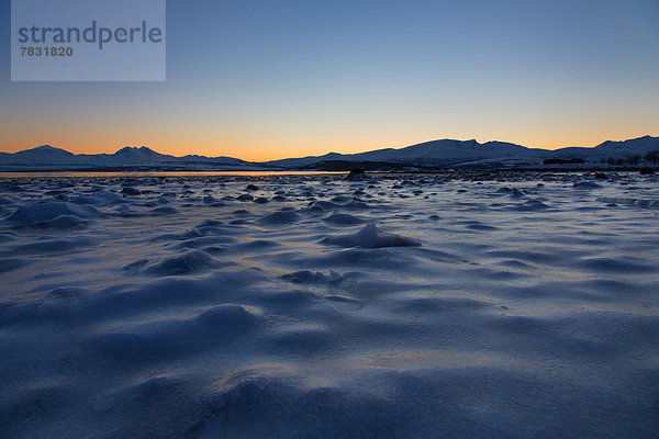 Kälte  Wasserrand  Landschaftlich schön  landschaftlich reizvoll  Wasser  Europa  Winter  Strand  Sonnenuntergang  Beleuchtung  Licht  Landschaft  Küste  Eis  Norwegen  Stimmung  Skandinavien