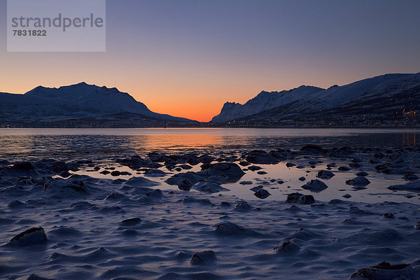 Kälte  Wasserrand  Landschaftlich schön  landschaftlich reizvoll  Wasser  Europa  Winter  Strand  Sonnenuntergang  Beleuchtung  Licht  Landschaft  Küste  Eis  Norwegen  Stimmung  Skandinavien