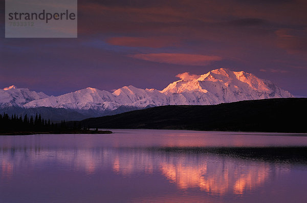 Vereinigte Staaten von Amerika  USA  Nationalpark  Berg  Entspannung  Sonnenuntergang  Ruhe  Spiegelung  Schneedecke  Berggipfel  Gipfel  Spitze  Spitzen  Denali Nationalpark  Alaska