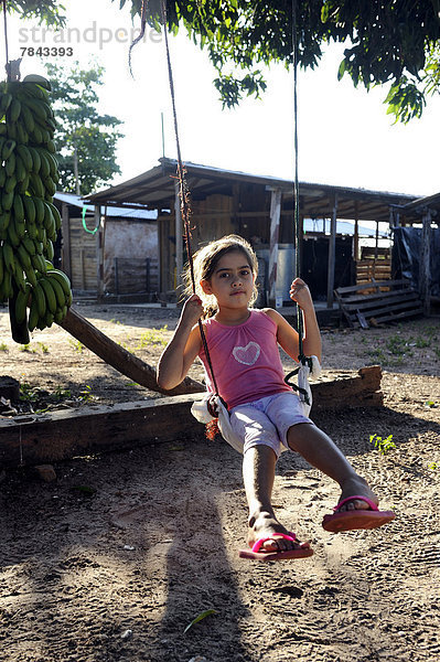 Mädchen  6 Jahre  schaukelt auf einer Schaukel  die an einem Ast befestigt ist