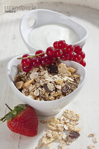 Bowl of muesli with yogurt and fruit  close up