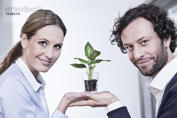 Deutschland  Nordrhein-Westfalen  Köln  Portrait eines Geschäftspartners mit Topfpflanze  lächelnd
