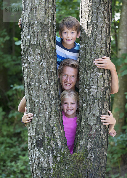 Austria  Portrait of friends standing behind tree trunk  smiling