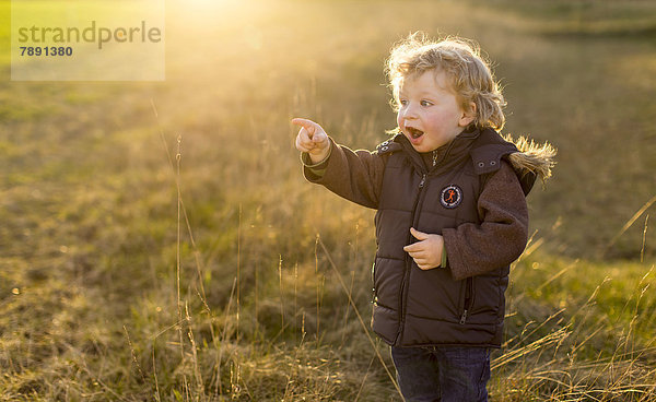 Kleiner Junge  2 Jahre  auf einer Wiese im Sonnenuntergang  zeigt erstaunt nach vorne