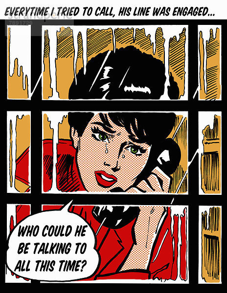 Weinende Frau mit Sprechblase in einer Telefonzelle