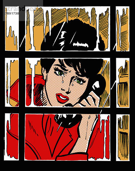Weinende Frau in einer Telefonzelle