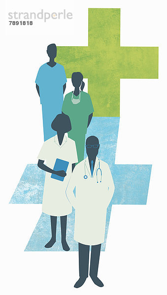 Ärzte und Krankenpfleger vor blauem und grünem Kreuz