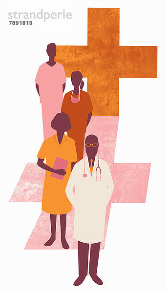 Ärzte und Krankenpfleger vor orangefarbenem und rosafarbenem Kreuz