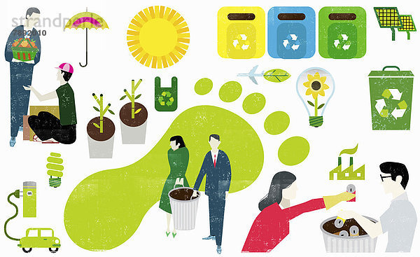 Collage von umweltfreundlichen Symbolen und Geschäftsmännern mit CO2-Fußabdruck