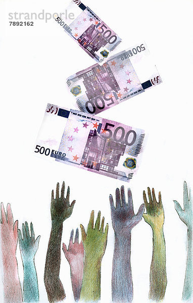 Hände greifen nach fallenden Euroscheinen