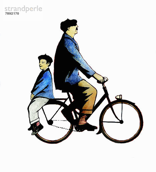 Vater und Sohn Rücken an Rücken auf einem Fahrrad