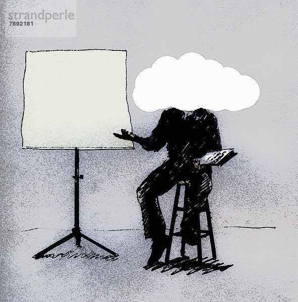 Mann mit Kopf in den Wolken sitzt neben leerer Bildleinwand