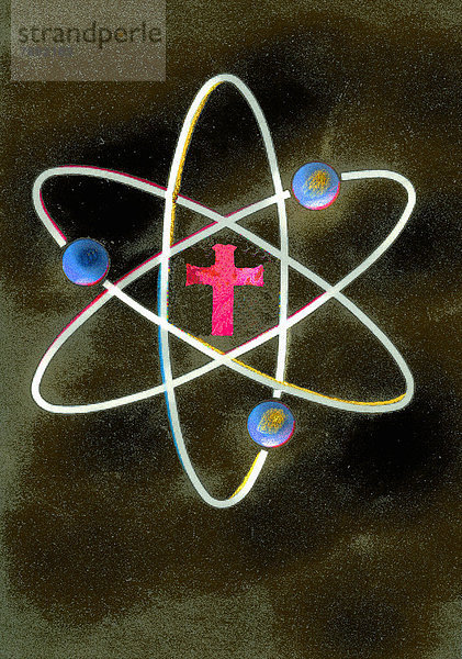 Kreuz in der Mitte eines Atom-Symbols