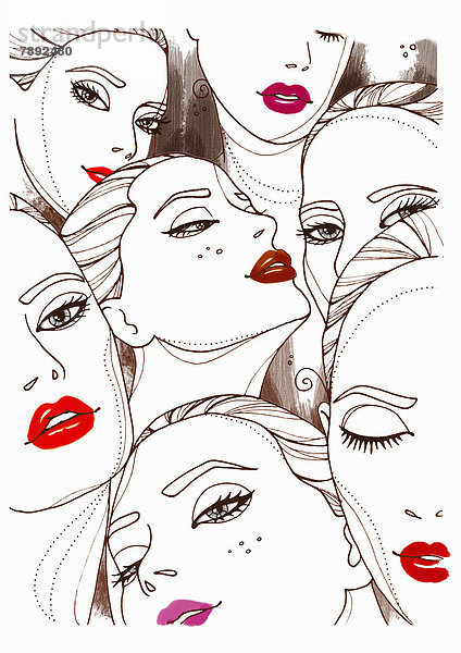 Collage von Frauengesichtern mit Lippenstift mund