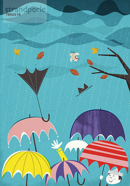 Bunte Regenschirme in Wind und Regen