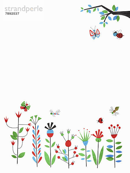 Bienen  Schmetterlinge und Libellen fliegen über Blumen