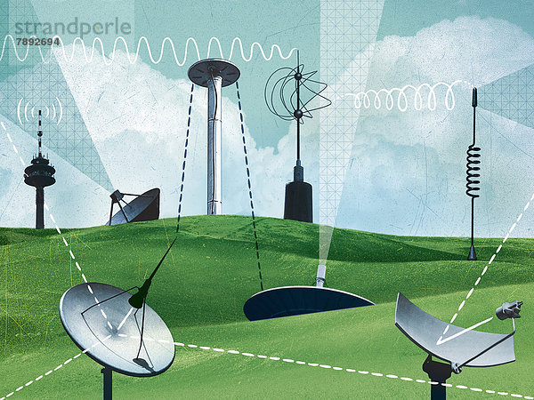 Verschiedene Antennen und Satellitenschüsseln