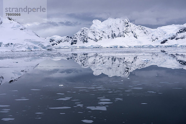 Vergletscherte Berge spiegeln sich in der Paradise Bay