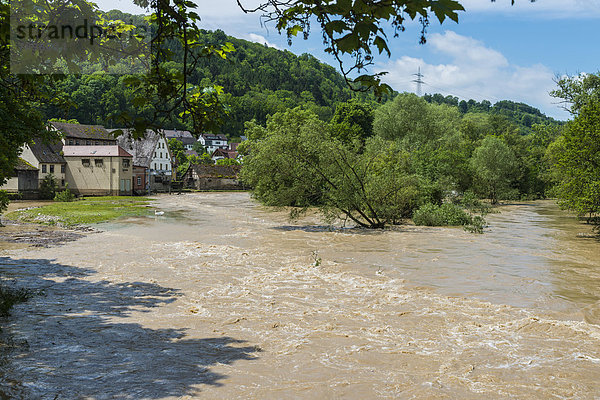 Flood of the river Neckar  02 Jun 2013 at noon  flooded weir and meadows  river with a strong current