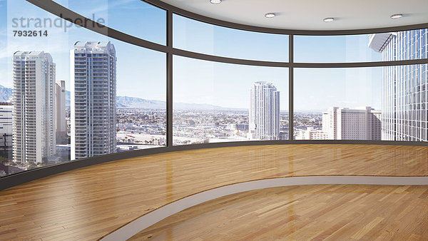 Leerer Raum mit Aussicht auf Skyline  3D-Illustration