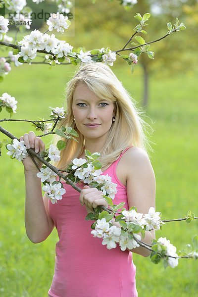 Blonde junge Frau steht neben blühendem Apfelbaum