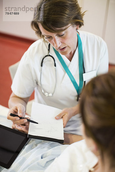 Ärztin bespricht Notizen mit Patientin in der Spitalabteilung