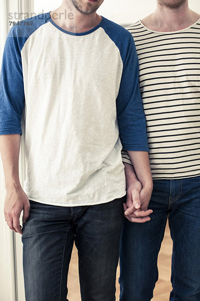 Mittelteil eines jungen homosexuellen Paares  das zu Hause Händchen hält.