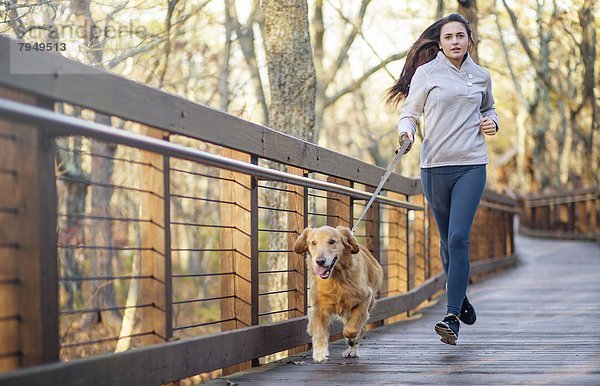 Frau  rennen  Hund  Holzweg  jung