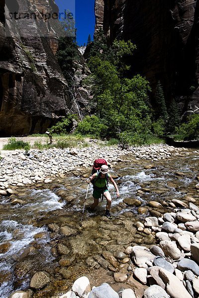 Frau  Reise  waten  Rucksackurlaub  Fluss  Regenwald  Utah