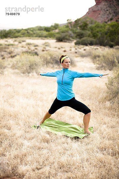 Frau  üben  Krieger  Anordnung  2  jung  Yoga  Entdeckung  unterhalb  Wachmann  Utah