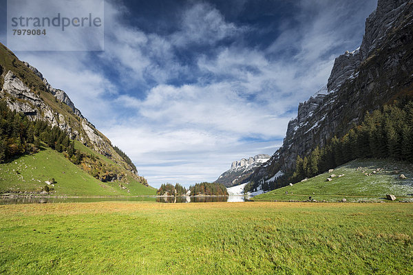 Switzerland  View of Lake Seealpsee towards Forelle mountain