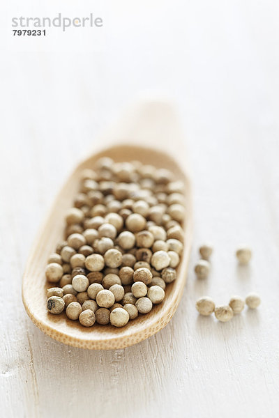 White peppercorn on wooden spoon  close up