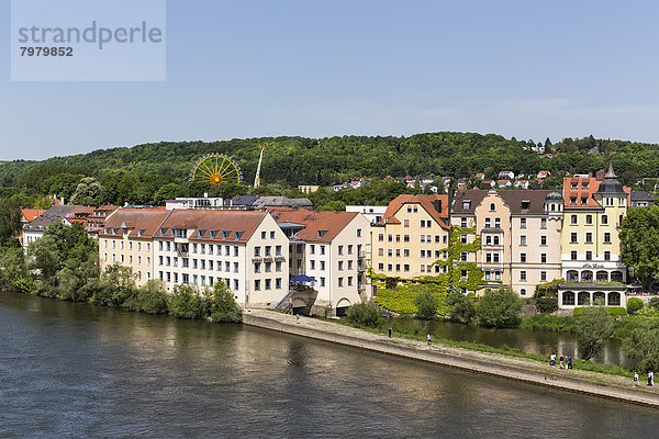 Deutschland  Bayern  Regensburg  Ansicht der Donauinsel mit Gebäuden und Riesenrad im Hintergrund