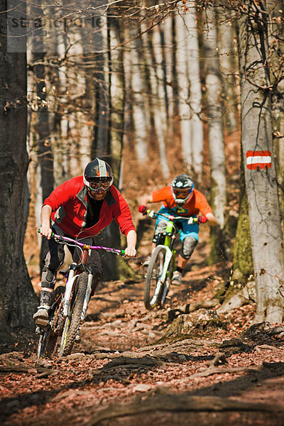 Männer Mountainbiken durch den Wald
