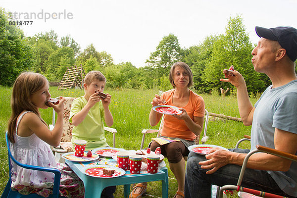 Familie mit zwei Kindern beim Geburtstagskuchen-Picknick