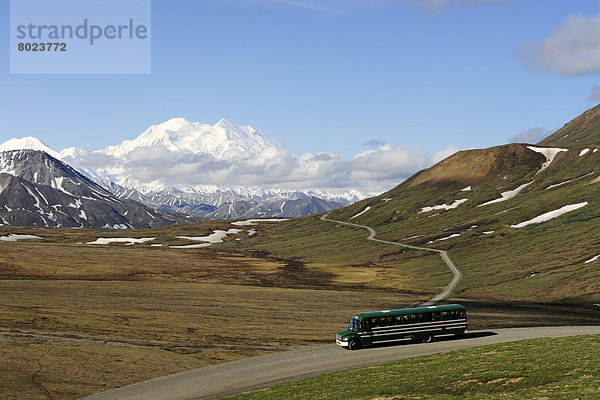 Shuttle Bus fährt durch den Denali-Nationalpark mit Sicht auf den Mt. McKinley