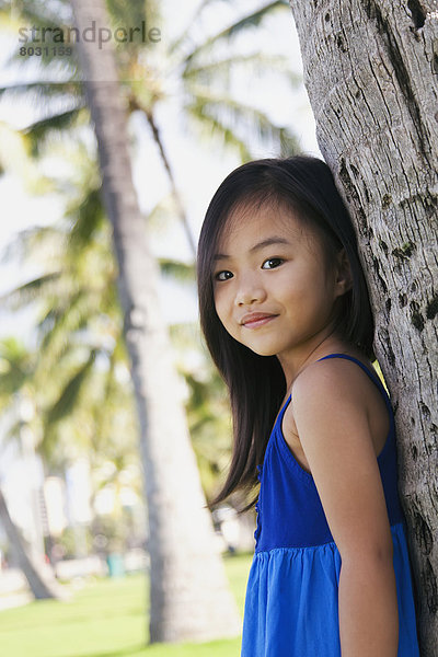 angelehnt  Portrait  Amerika  Baum  jung  Baumstamm  Stamm  Verbindung  Mädchen  Hawaii  Honolulu  Oahu
