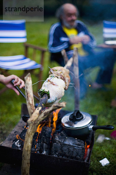 offen Großbritannien über Campingplatz Feuer Huhn Gallus gallus domesticus Braten North Wales Wales