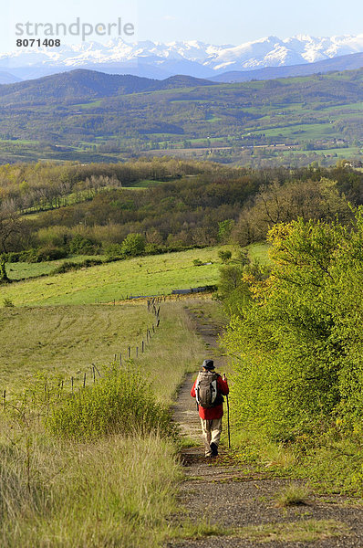 Rucksack  Feuerwehr  zwischen  inmitten  mitten  Ländliches Motiv  ländliche Motive  tragen  Landschaft  Pilgerer  Ariege  Pyrenäen