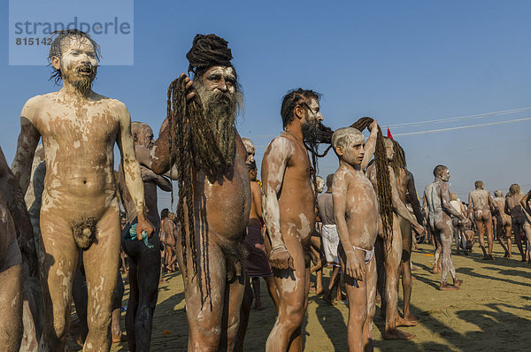 Nackte Naga Sadhus  heilige Männer  mit Asche auf ihren Körpern nach dem Shahi Snan  königliches Bad  während des Kumbha Mela Festivals