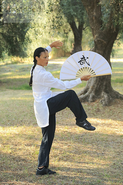 Tai-Chi mit Fächer  Demonstration in einem Olivenhain  Régine Zanini  zweifache Silbermedaillen-Gewinnerin Tai-Chi-Europameisterschaften 2012