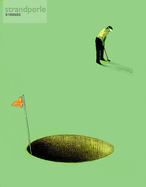 Golfer puttet in übergroßes Loch