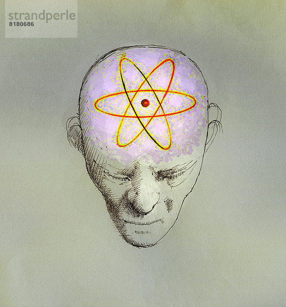 Atomsymbol über dem Gehirn eines Mannes