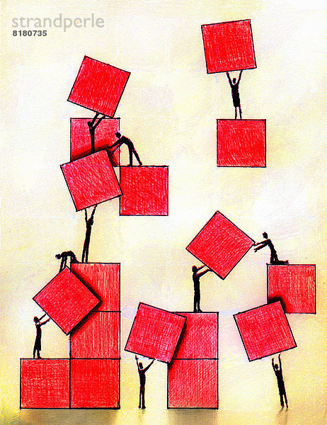 Geschäftsleute arbeiten zusammen an roten Quadraten
