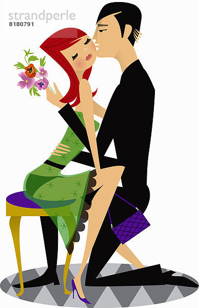 Mann mit Blumen küsst eine Frau
