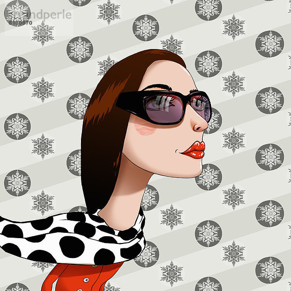 Frau mit Sonnenbrille vor Schneeflocken-Muster