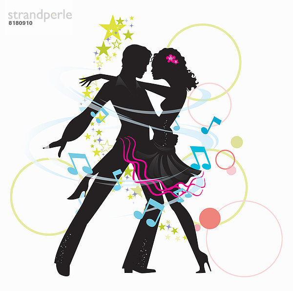 Musiknoten und Sterne umgeben die Silhouette eines tanzenden Paares beim Tango